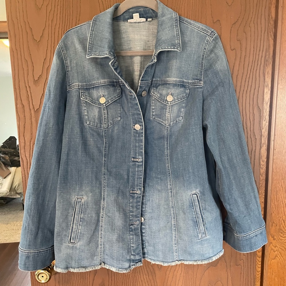 Chico's denim shacket/jacket, frayed edge, standard size L, Chico's size 2